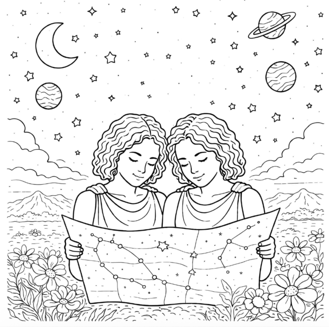 Two people looking at a map of constellations under a starry sky with planets and flowers.