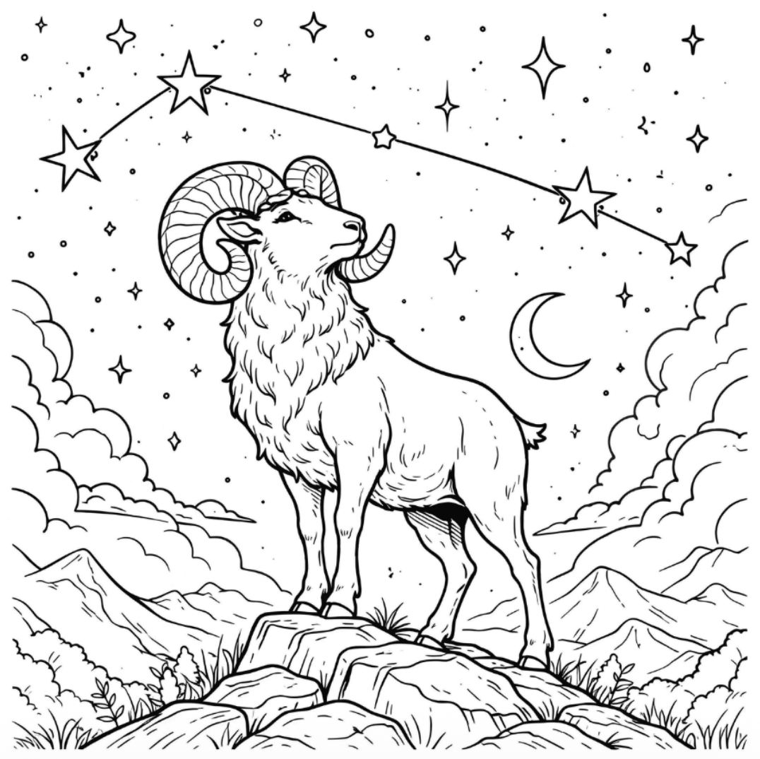 Black and white illustration of a ram on a mountain with stars and clouds in the background