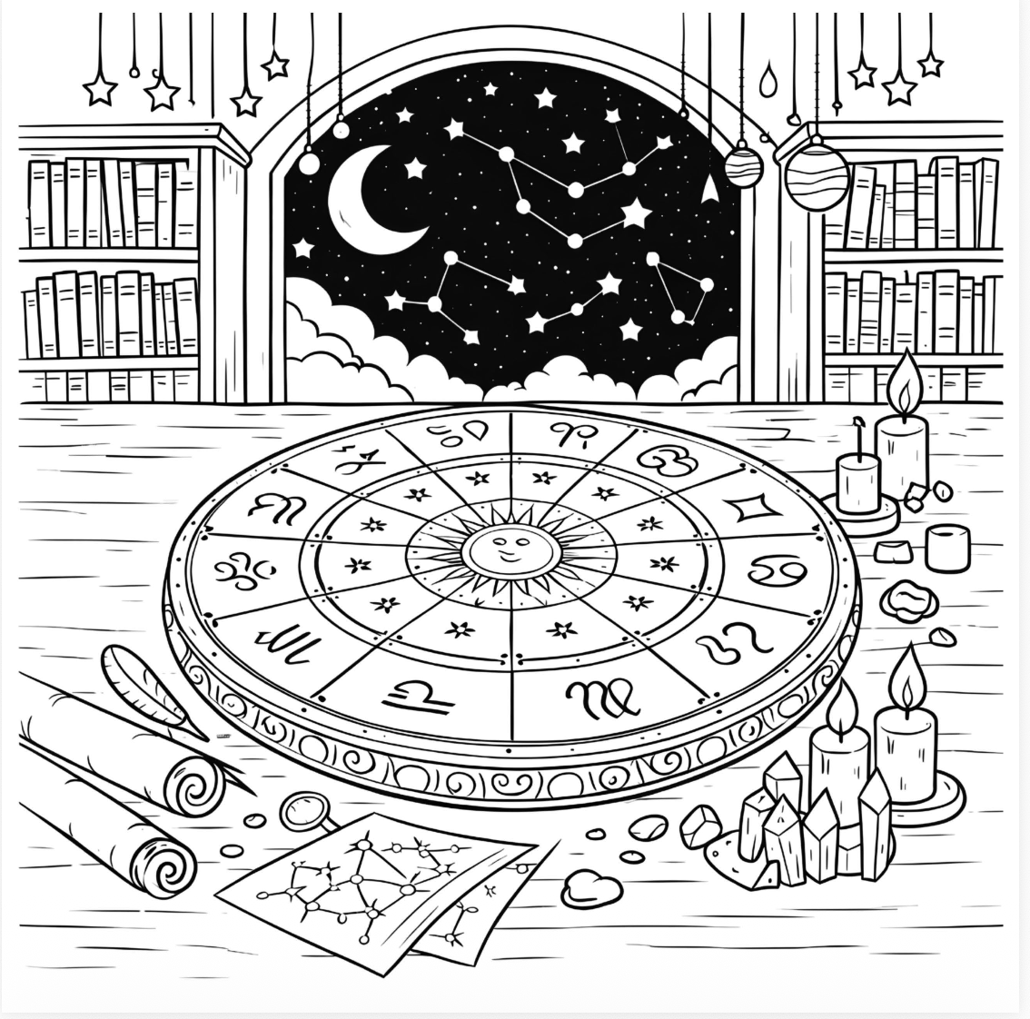 Illustration of a celestial-themed room with zodiac wheel, books, and candles.