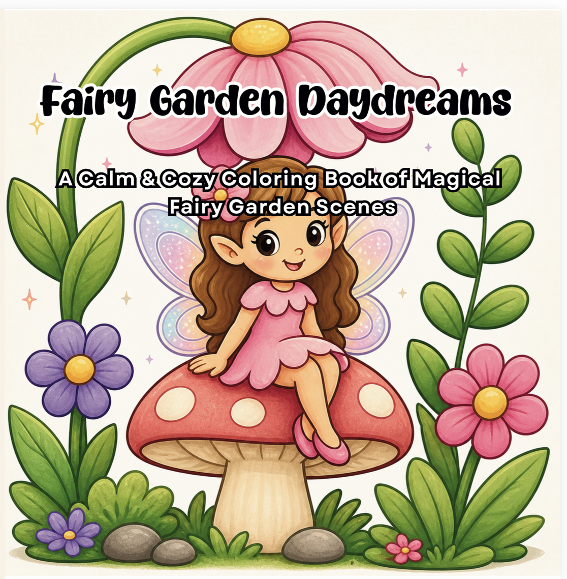 Cover of 'Fairy Garden Daydreams' coloring book with a fairy sitting on a mushroom.