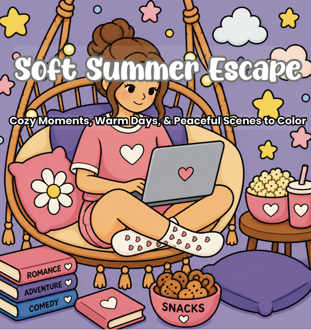 Book cover of 'Soft Summer Escape' with a girl in a swing using a laptop, surrounded by snacks and books.