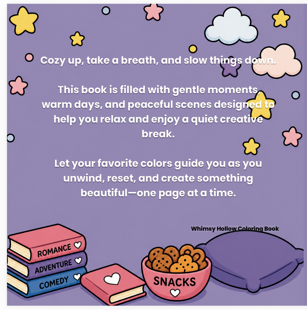 Promotional text for a coloring book with illustrations of books, snacks, and a pillow on a purple background with stars and clouds.