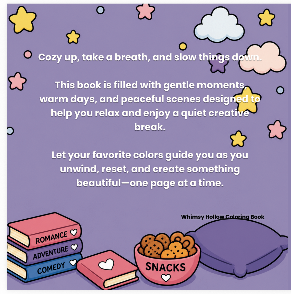 Promotional text for a coloring book with illustrations of books, snacks, and a pillow on a purple background with stars and clouds.