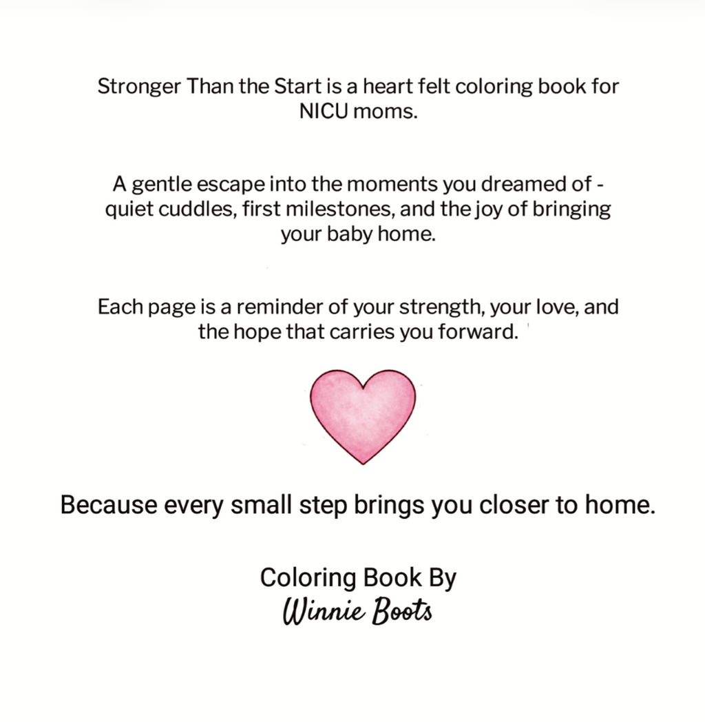 Promotional text for a coloring book for NICU moms with a pink heart graphic.