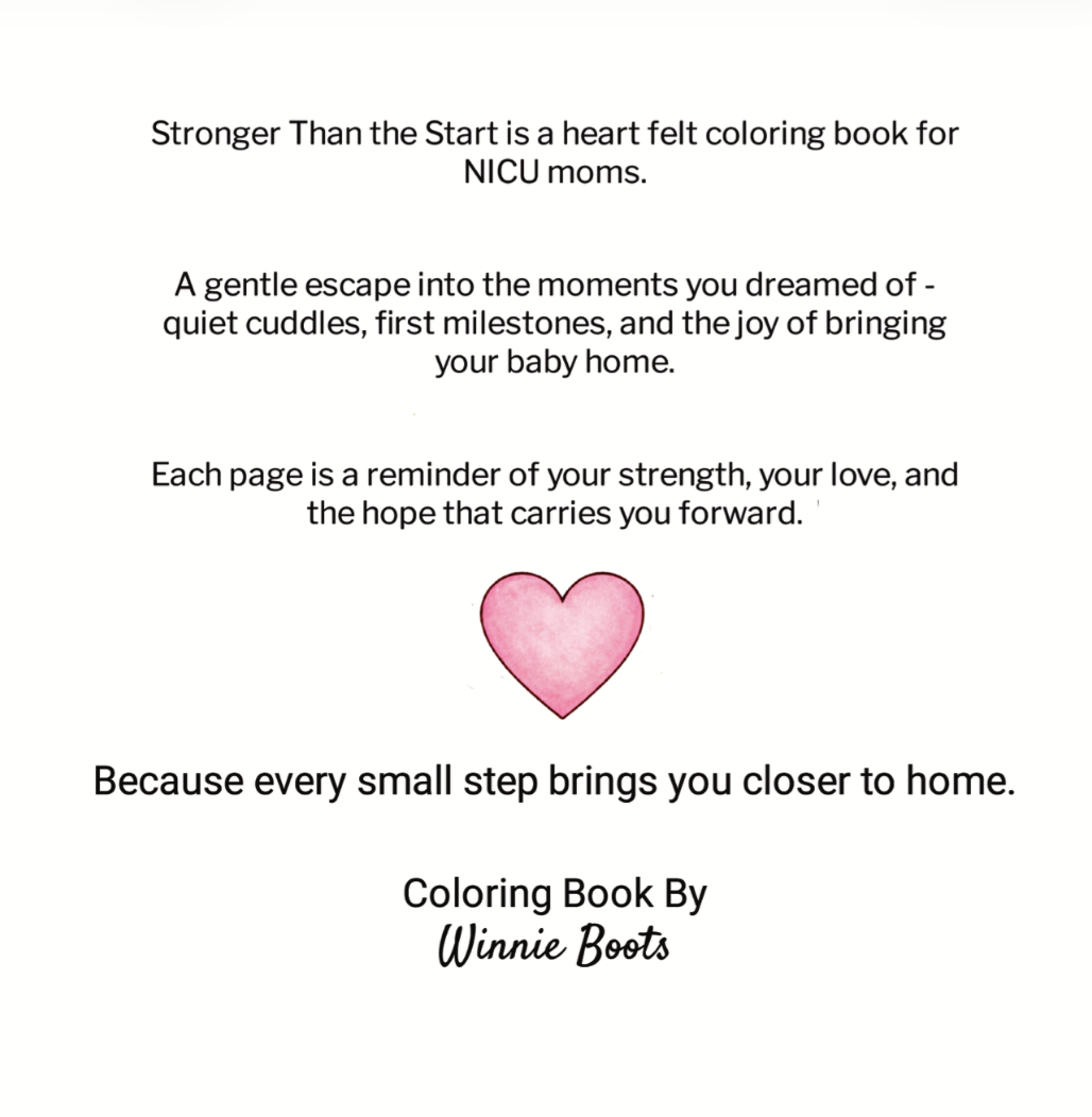 Promotional text for a coloring book for NICU moms with a pink heart graphic.