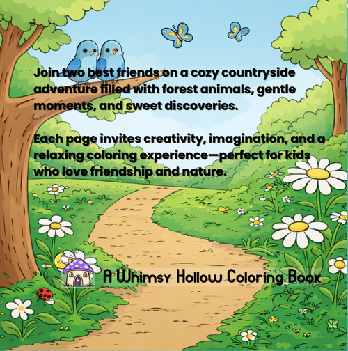 Coloring book cover with a cartoon landscape, trees, flowers, and two blue birds on a branch.