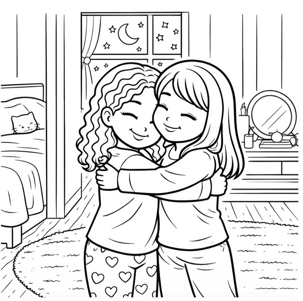 Two children hugging in a bedroom with a cat on a bed and nightstands.