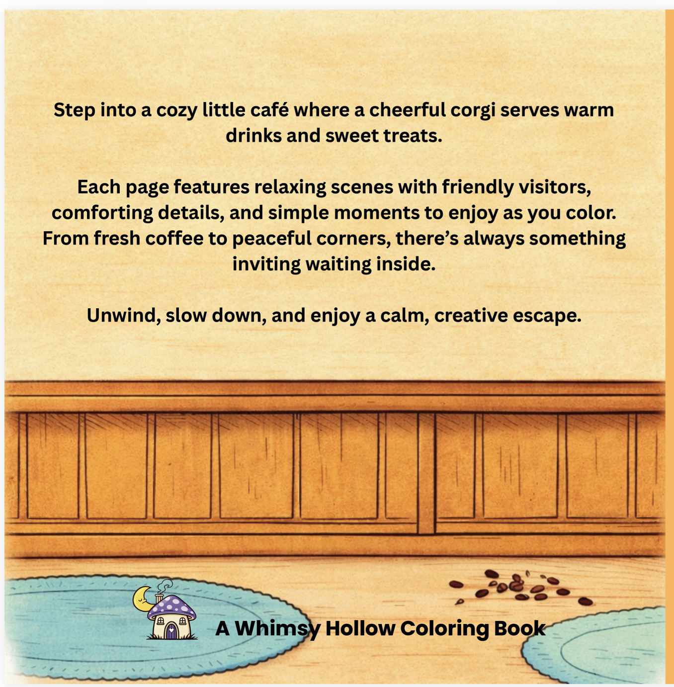 back cover of coloring book Lil' Corgi Cafe with description of book.