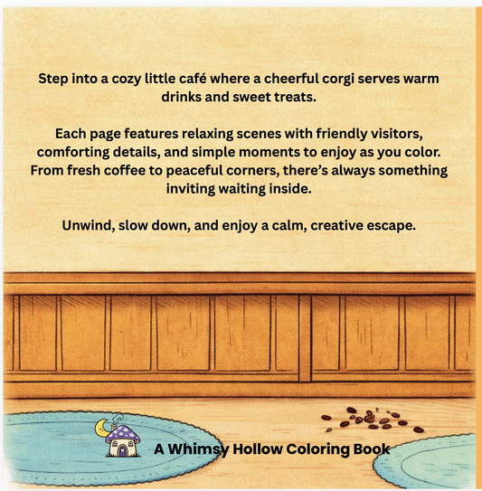 back cover of coloring book Lil' Corgi Cafe with description of book.