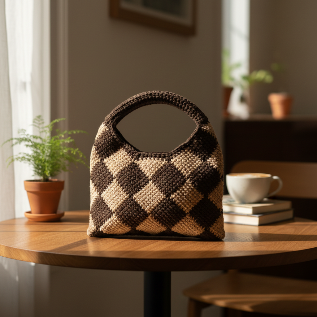 Crochet Checkered Handbag in Setting