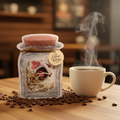 Coffee Therapy sticker jar on a warm wooden surface surrounded by coffee beans and a steaming mug
