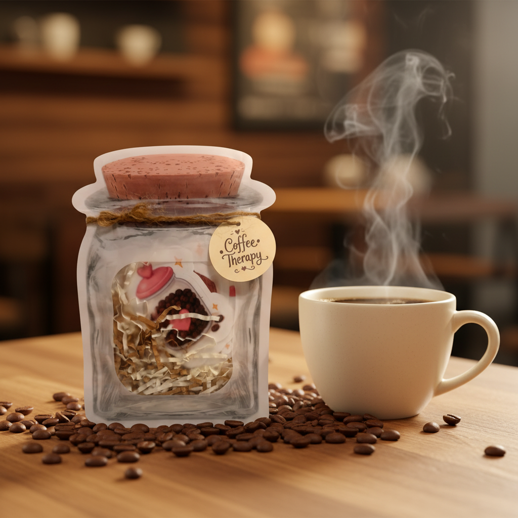 Coffee Therapy sticker jar on a warm wooden surface surrounded by coffee beans and a steaming mug