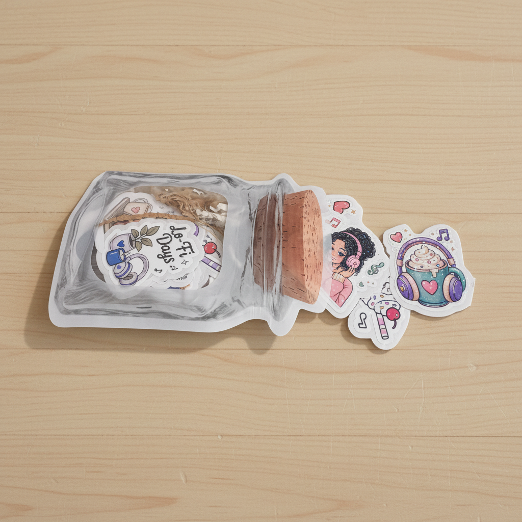 Melody Moments sticker jar tipped on its side with stickers spilling out on a wooden countertop