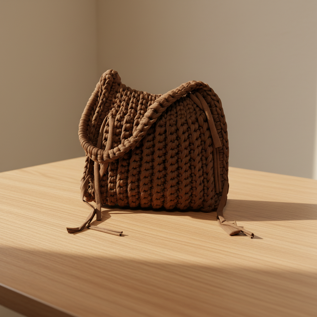 Brown chunky crochet clutch bag with fringe details on a wooden table