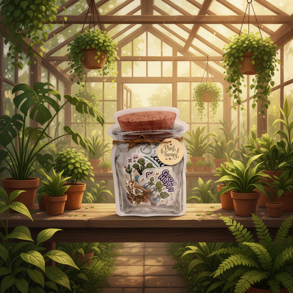 Plant Therapy sticker jar in a cozy greenhouse surrounded by lush hanging ferns and green plants with soft diffused light