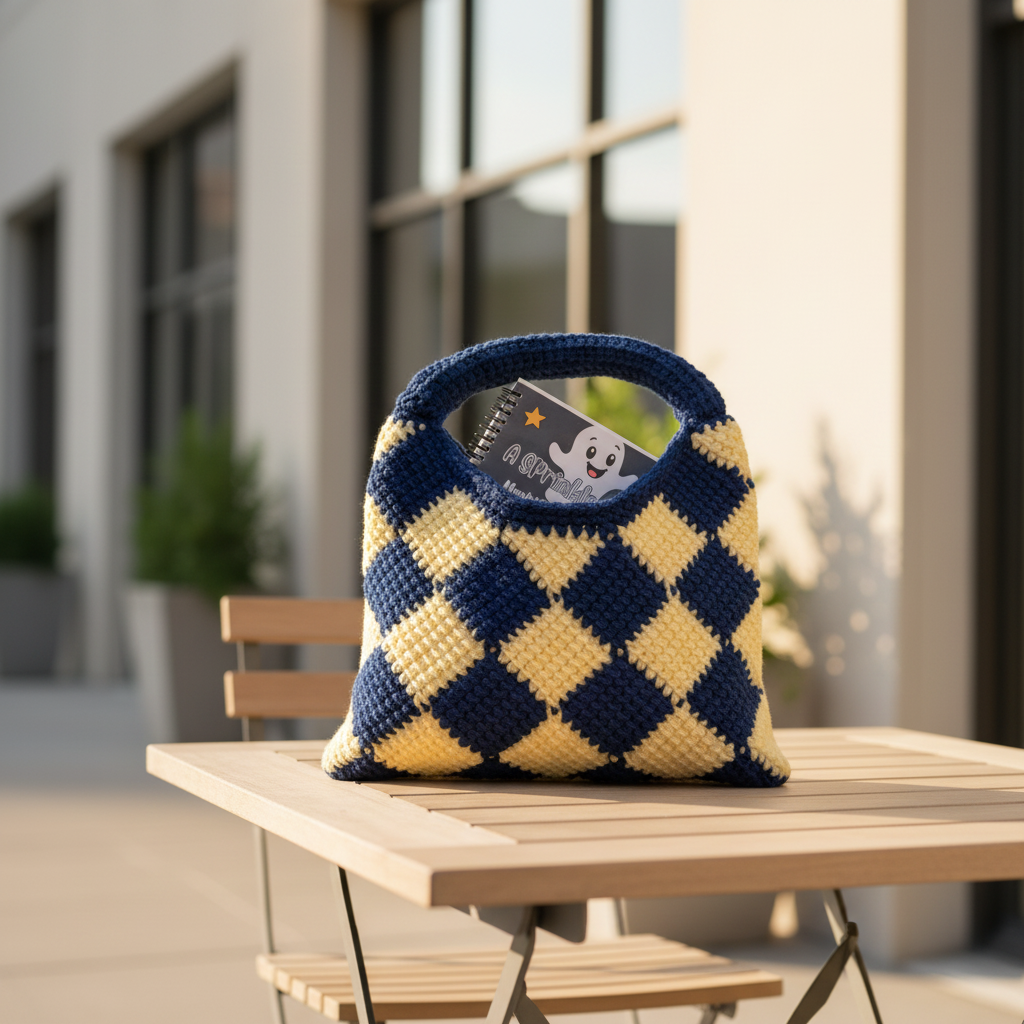 Navy Blue & Yellow Crochet Bag Outdoor Table