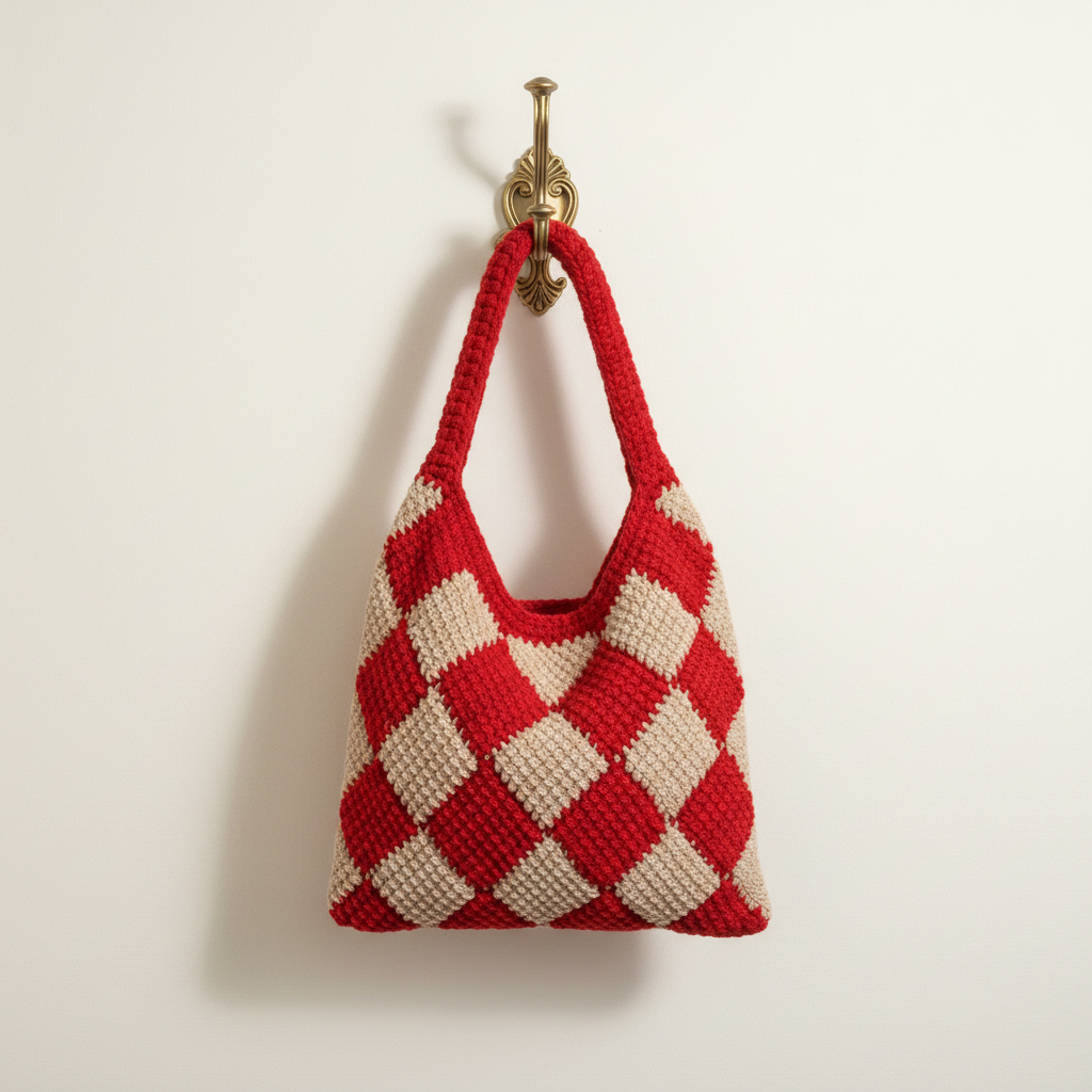 Red & Beige Crochet Bag on Hook