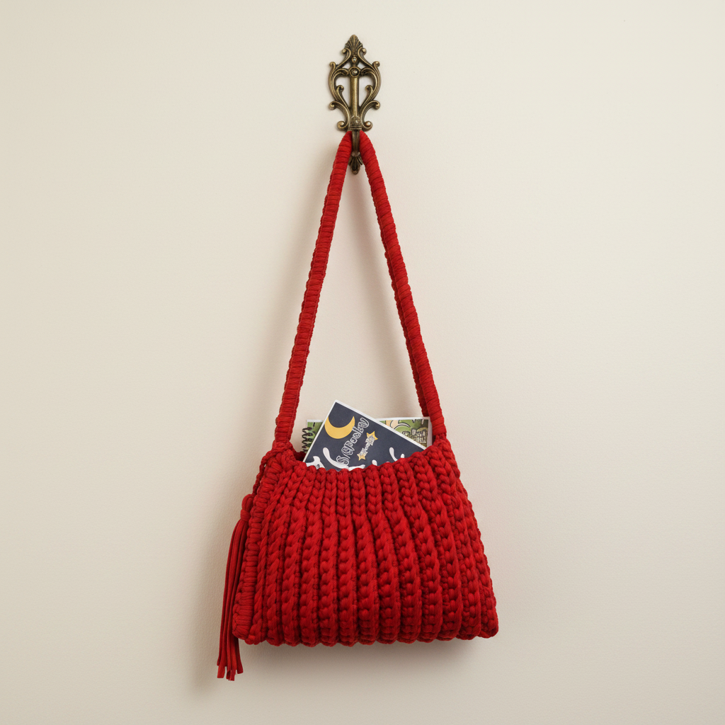 Red Chunky Crochet Bag on Hook